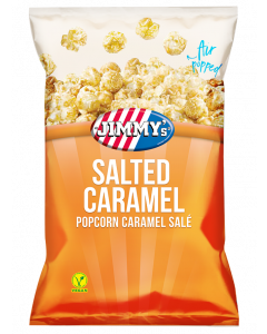 JIMMY's salted caramel, sea salt, sweet, caramel, popcorn, vegan, best, crunchy, delicious, air popped, orange, creamy, texture, mindblowing