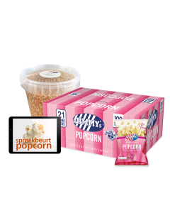 JIMMY's Spreekbeurtpakket zoet, sweet, mini bags, corn, all in one, perfect, size, pink, crunchy, good, easy, simple, movie, night, popcorn, cinema, homemade, natural, healthier, glutenfree