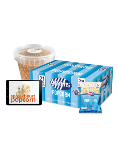 JIMMY's Spreekbeurtpakket zout, salty, blue, delicious, popcorn, crunchy, small bags, homemade, big box, original, the best, less calories, healthier, glutenfree