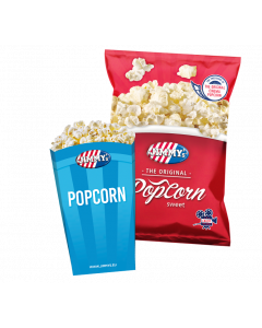 JIMMY's Popcorn thuis pakket zoet, easy, original, delicious, crunchy, 2 in 1, perfect, combination, amazing, snack, movie, night, cinema, homemade, natural, ingredients, blue, red