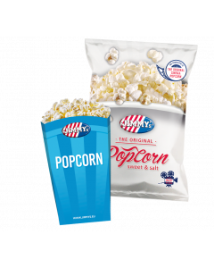 JIMMY's Popcorn thuis pakket zoet & zout, convenient, bag, sweet, salt, cup holder, movie, night, homemade, fun, friends, crunchy, delicious, jimmys only
